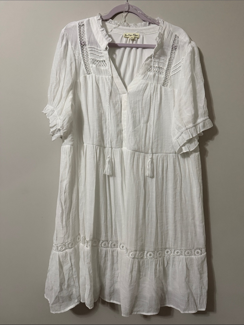 Indigo Rein White Cotton Midi Dress with Lace Insets